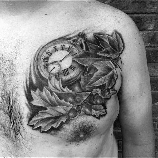 Pocket Watch With Leaves Shaded Mens Fall Chest Tattoos