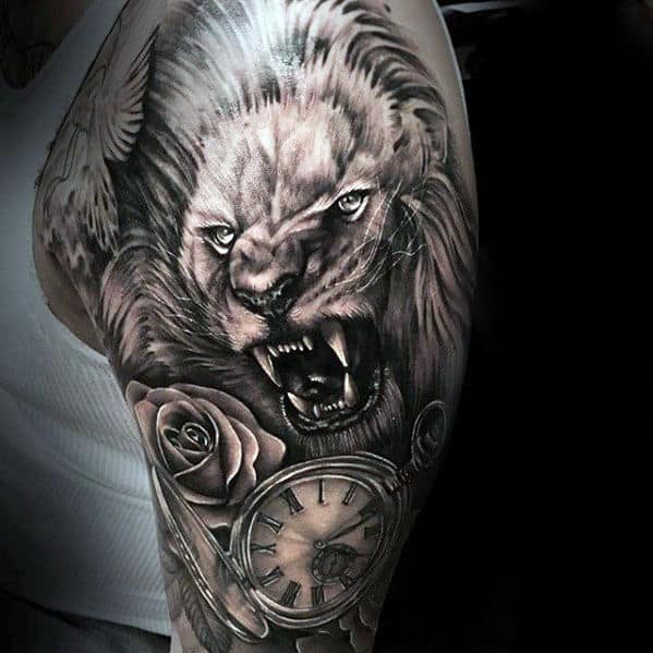 Pocket Watch With Lion And Rose Flower Mens Realistic Lion Sleeve Tattoo