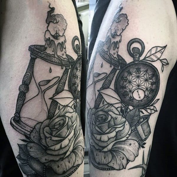 Pocket Watch With Rose And Hour Glass Tattoo Forearms Males