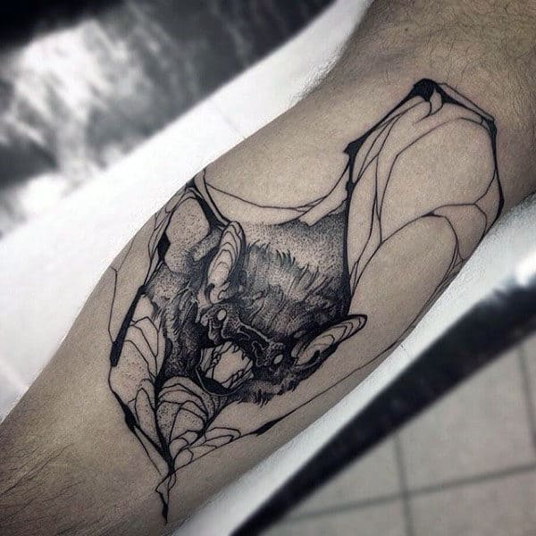 Pointillism Bat Leg Calf Tattoos For Men