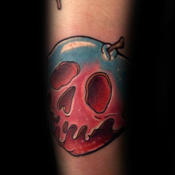 Poison Apple Mens Forearm Tattoo With Red And Blue Ink Design
