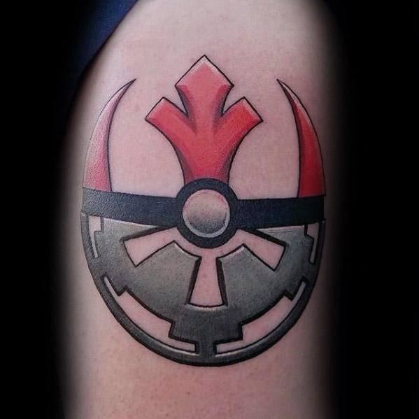 Fusion tattoo of a Pokeball with Star Wars Rebel Alliance and Galactic Empire emblems, blending fandoms in a sleek, symmetrical design.