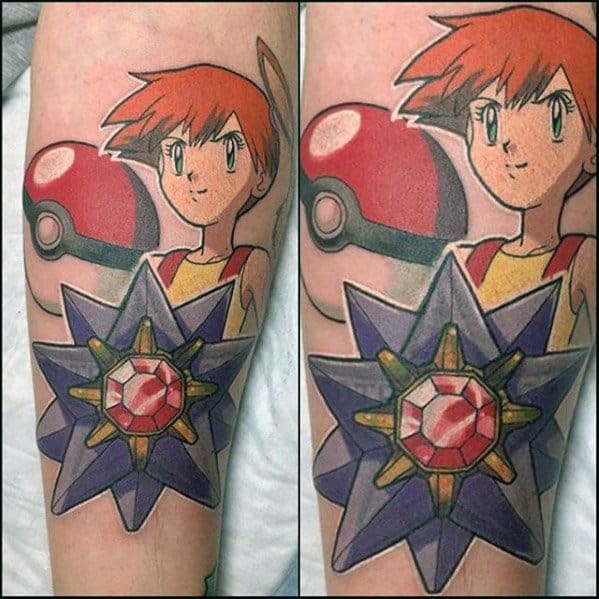 Colorful tattoo of Misty with a Pokeball and her Pokémon Starmie, capturing a bold anime look with clean lines and bright shading.