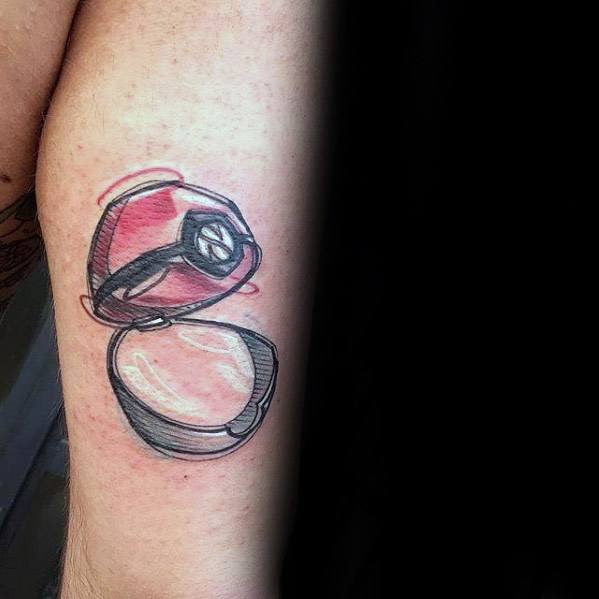 Open Pokeball tattoo in a loose sketch-style design with red and black strokes, giving it an artistic and hand-drawn look on the forearm.