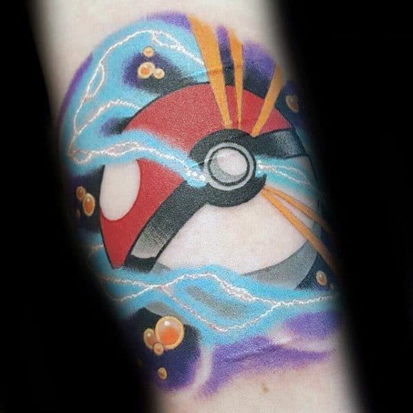 Vivid Pokeball tattoo with electric blue waves, orange sparks, and purple glow, creating an intense underwater energy burst effect.
