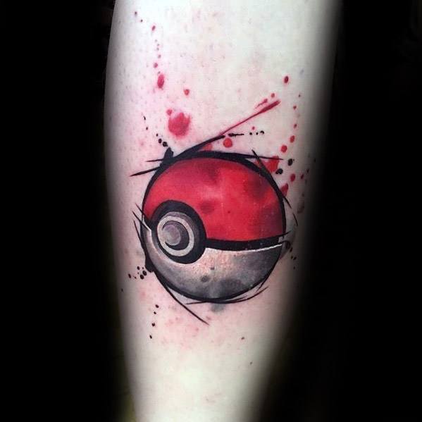 Sketch-style Pokeball tattoo with red splatter and abstract black lines, blending watercolor and ink effects for a bold, artistic look.