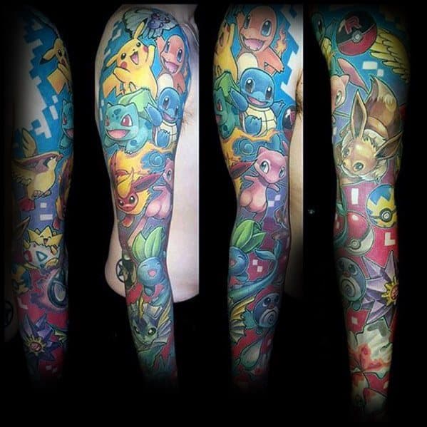 Full sleeve Pokémon tattoo bursting with vibrant colors, featuring Pikachu, Charmander, Squirtle, Eevee, Pokeballs, and gym badges in a dynamic collage.