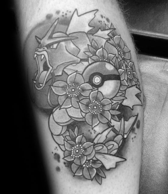 Pokeball With Gyarados Shaded Mens Leg Tattoo