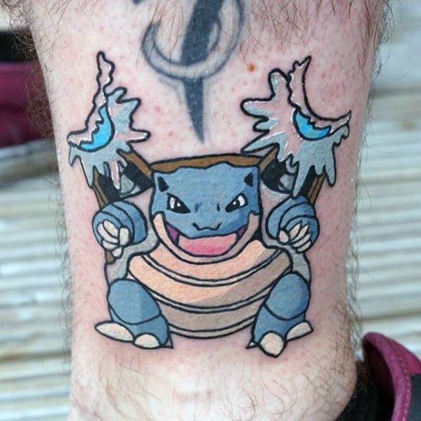 Cartoon-style Blastoise tattoo with water guns in hand, shooting blasts upward in a fun and playful twist on the classic Pokémon.