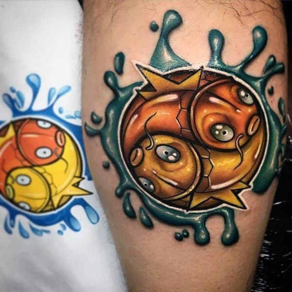 Creative yin-yang style tattoo of shiny gold and regular Magikarp with water splash effects and bold 3D shading.