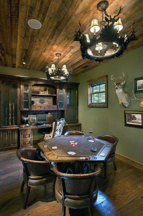 Rustic man cave with a poker table, antler chandeliers, wooden ceiling, and a mounted deer head on the wall