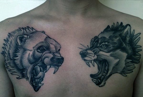 Polar Bear And Wolf Mens Chest Tattoos