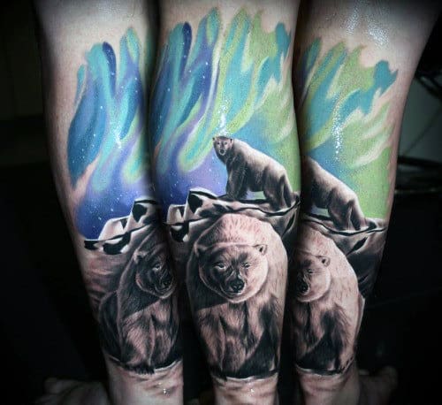 Polar Bear Northern Lights Male Forearm Tattoo