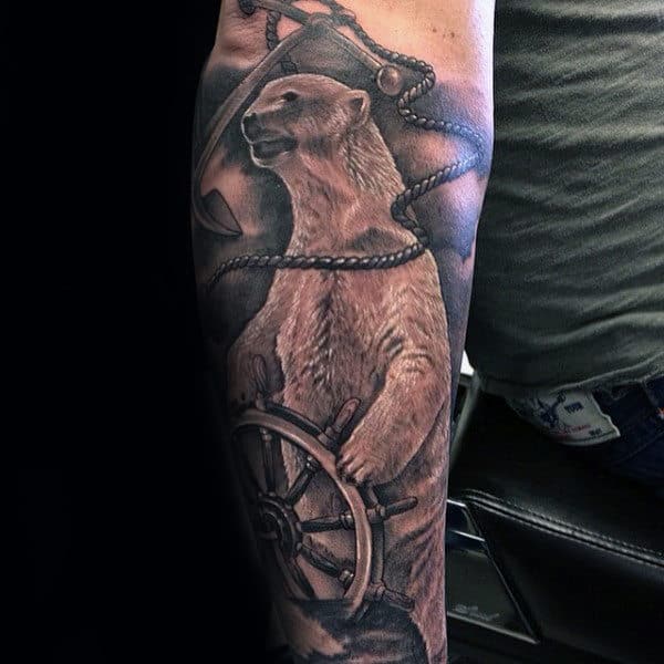 Polar Bear Steering Ship Wheel Mens Forearm Sleeve Tattoos