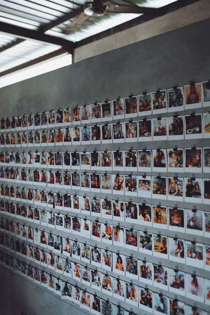 large polaroid photo wall 