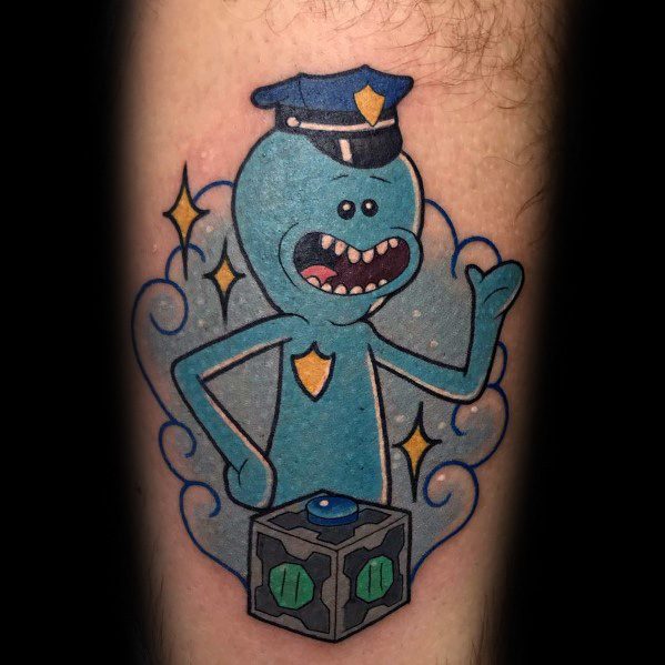 Tattoo of Mr. Meeseeks from Rick and Morty dressed as a police officer, standing behind a Meeseeks Box, surrounded by sparkles and clouds.