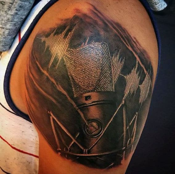 Polished Microphone Tattoo With Dotted Work Mens Arms