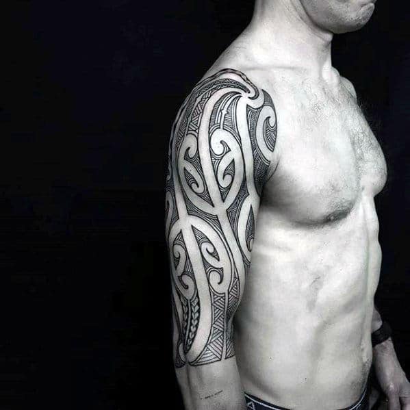 Polynesian Black Ink Tribal Tattoo Half Sleeve Ideas For Men