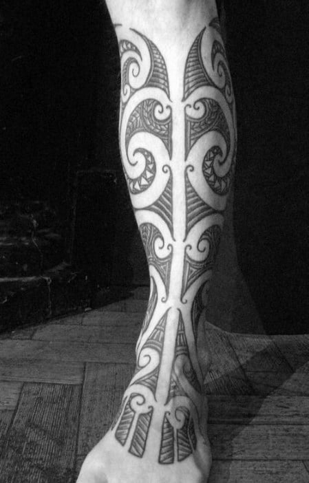Polynesian Guys Shin Tribal Tattoo Design Ideas