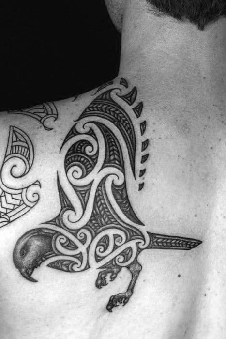 Polynesian Male Tribal Bird Shoulder Back Tattoo