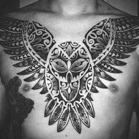 Polynesian Male Tribal Owl Tattoo Design On Chest