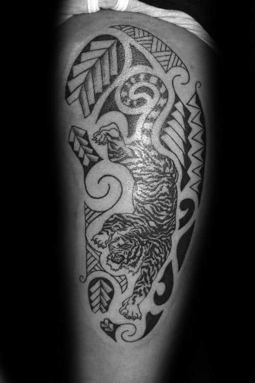 Polynesian Male Tribal Tiger Thigh Tattoos