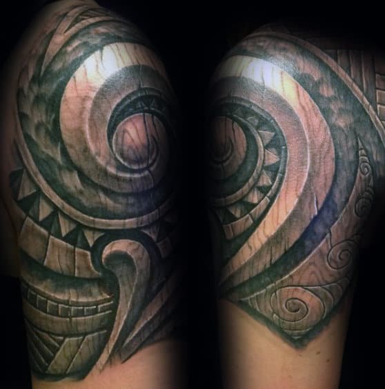 Polynesian Male Wood Carving Quarter Sleeve Tattoo With 3d Design