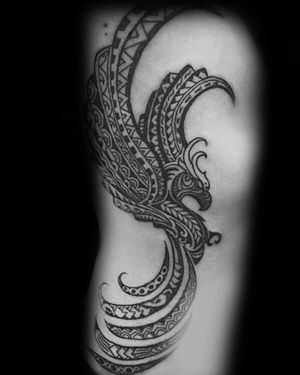Polynesian Tribal Male Phoenix Rib Cage Side Tattoos