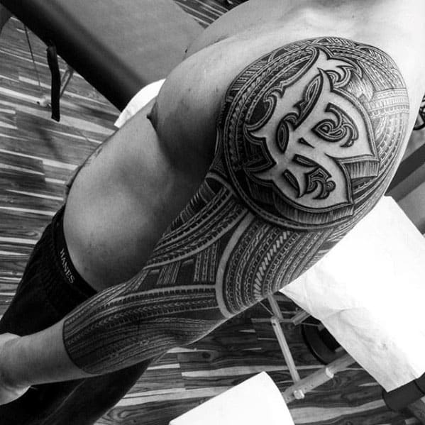 Polynesian Tribal Negative Space Guys Sleeve Tattoo Designs