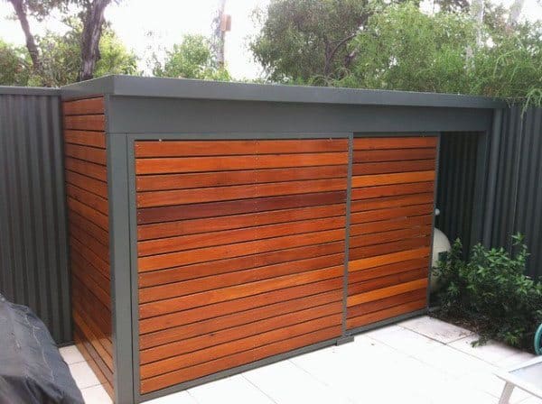 wood slat pool pump shed