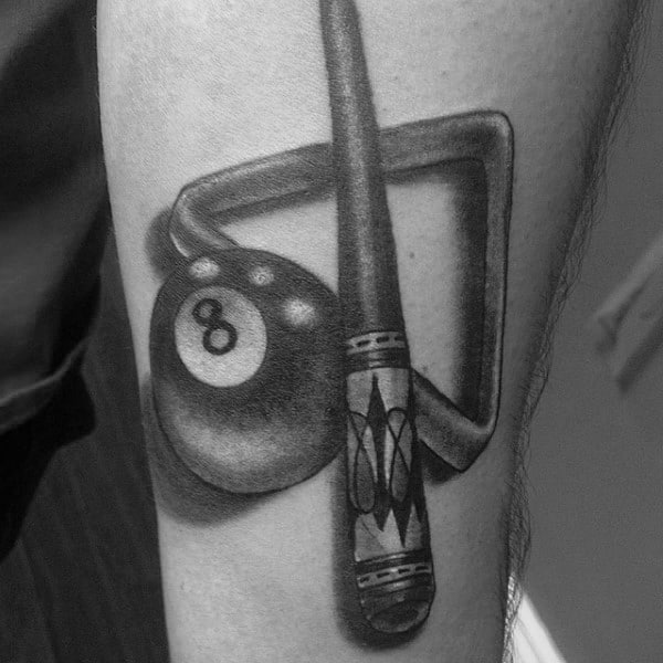 Pool Stick With Rack Mens 8 Ball Arm Tattoo With Black And Grey Shaded Ink Design