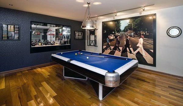 billiard table man cave bar beatles poster