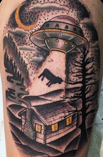 Poor Dark Cow Pulled Into Ufo Tattoo Mens Arms