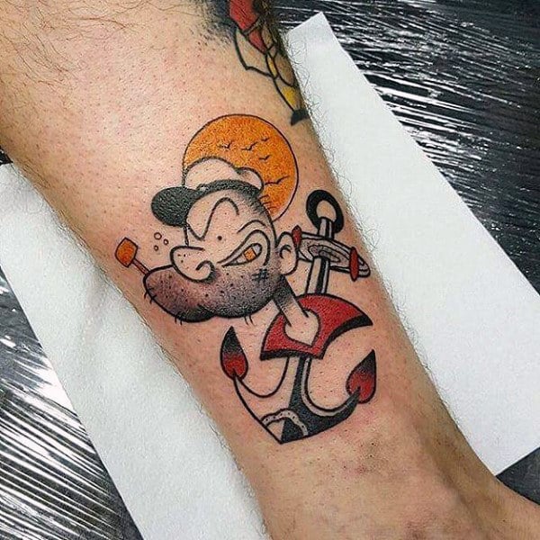 Pop Eye Mens Traditional Anchor Lower Leg Tattoos