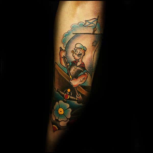 Popeye In Row Boat Male Forearm Tattoo For Guys