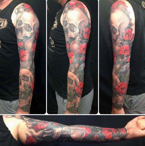Poppies With Skulls Mens Full Sleeve Tattoo Design Ideas