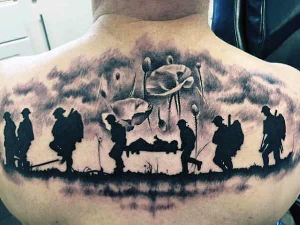 Poppy Flower Fallen Soldier Mens Memorial Upper Back Tattoo