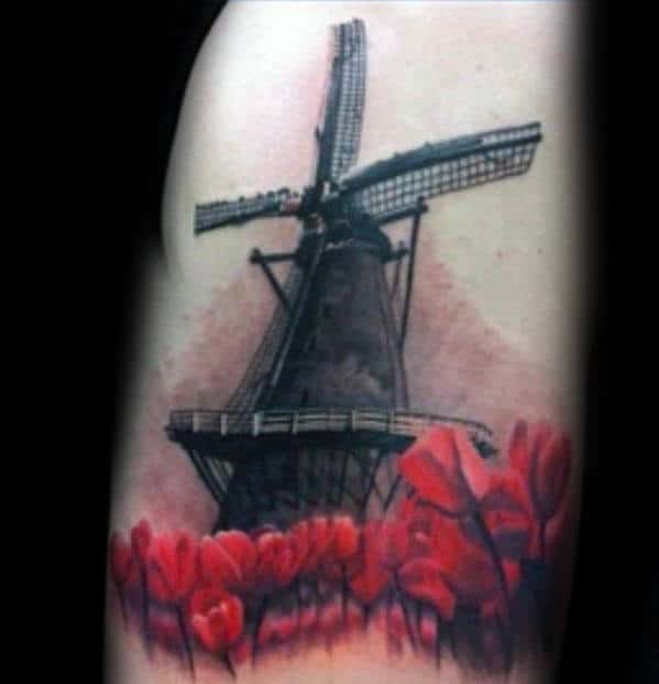 Poppy Flowers With Windmill Mens Arm Tattoo