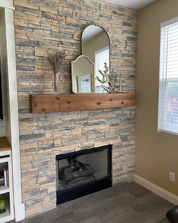 porcelain wood tile stone fireplace mantle mirror