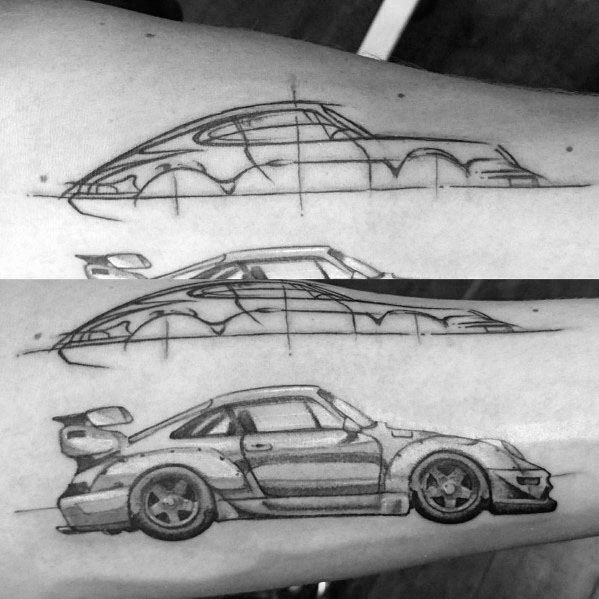 Three-stage tattoo illustration on the forearm, progressing from a Porsche car sketch to a fully detailed design.