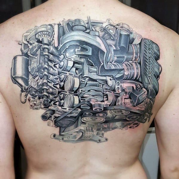 Detailed and realistic Porsche engine tattoo covering the upper back, showcasing intricate mechanical components.