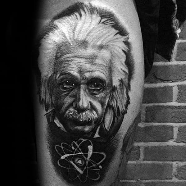 Portrait Albert Einstein Guys Tattoos On Side Of Thigh