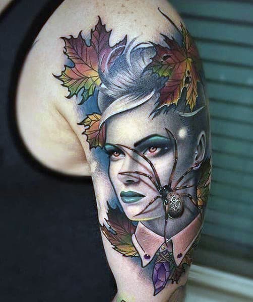 Portrait And Spider Leaves Tattoo Mens Designs