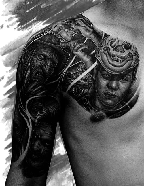 Black and white tattoo sleeve of various detailed faces and scenes on a person's shoulder