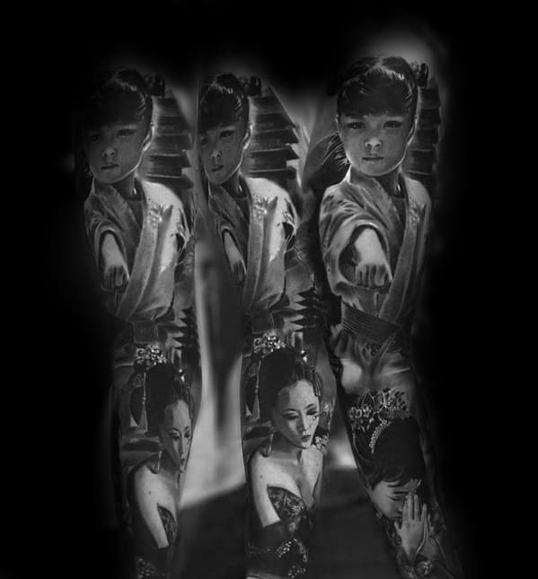 Black and white tattoo sleeves featuring detailed portraits of women in traditional attire