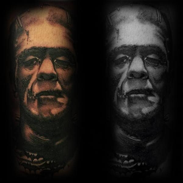 Portrait Of Frankenstein Male Sleeve Tattoo Design Ideas