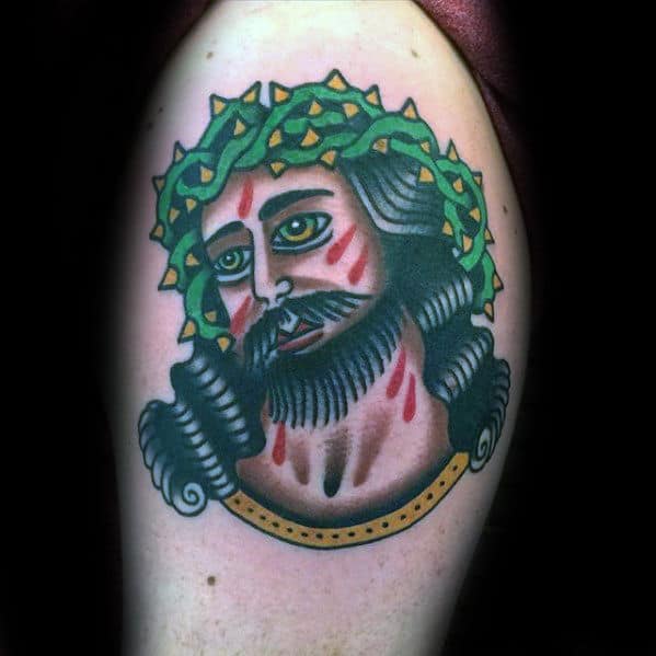 Portrait Of Jesus Guys Traditional Upper Arm Tattoo Designs