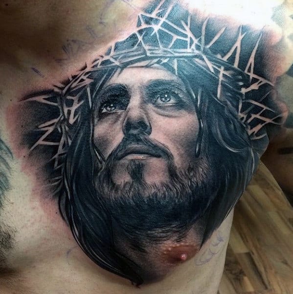 Portrait Of Jesus Mens Religious Upper Chest Tattoo Ideas