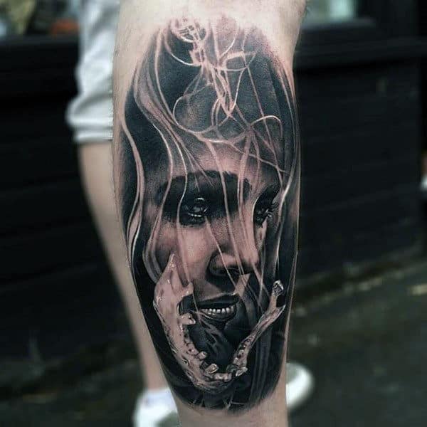 Portrait Of Woman Black Ink Male Leg Tattoo