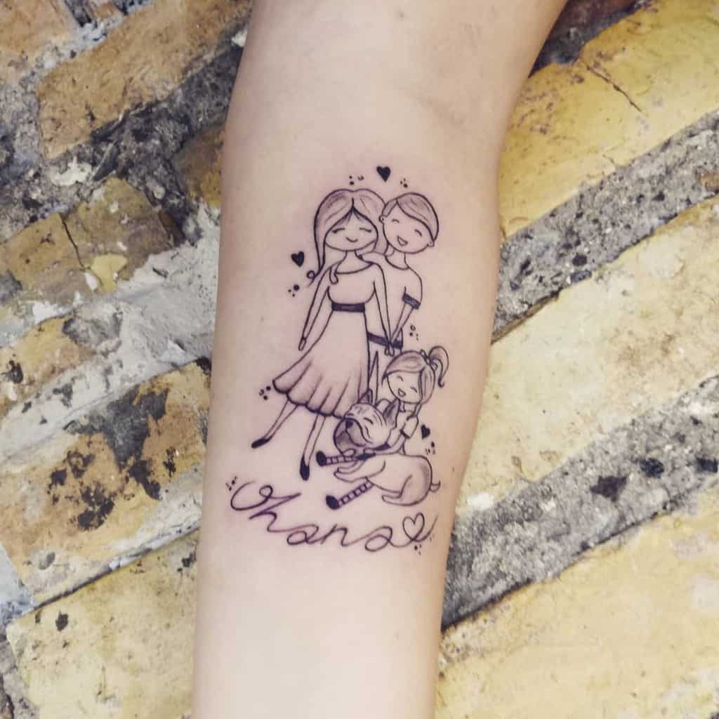 Adorable 'Ohana' tattoo featuring a happy family with a pet, symbolizing love, unity, and togetherness.